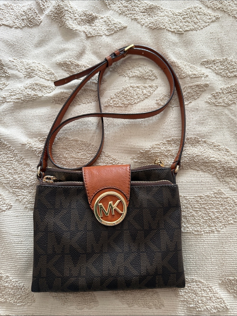 Michael Kors Brown and Tan MK Monogram Crossbody Bag